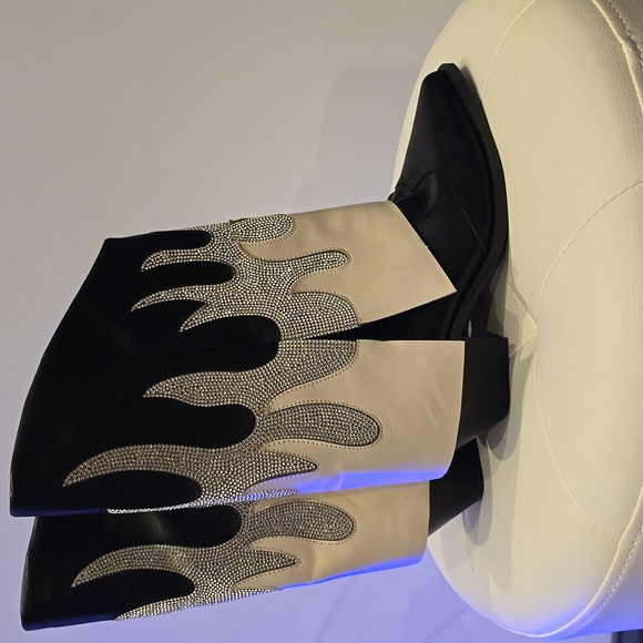 GIANNI BINI Flame Western Rhinestone Fold Over Cowboy Boots Black Conley Two 7.5 - Picture 4 of 8